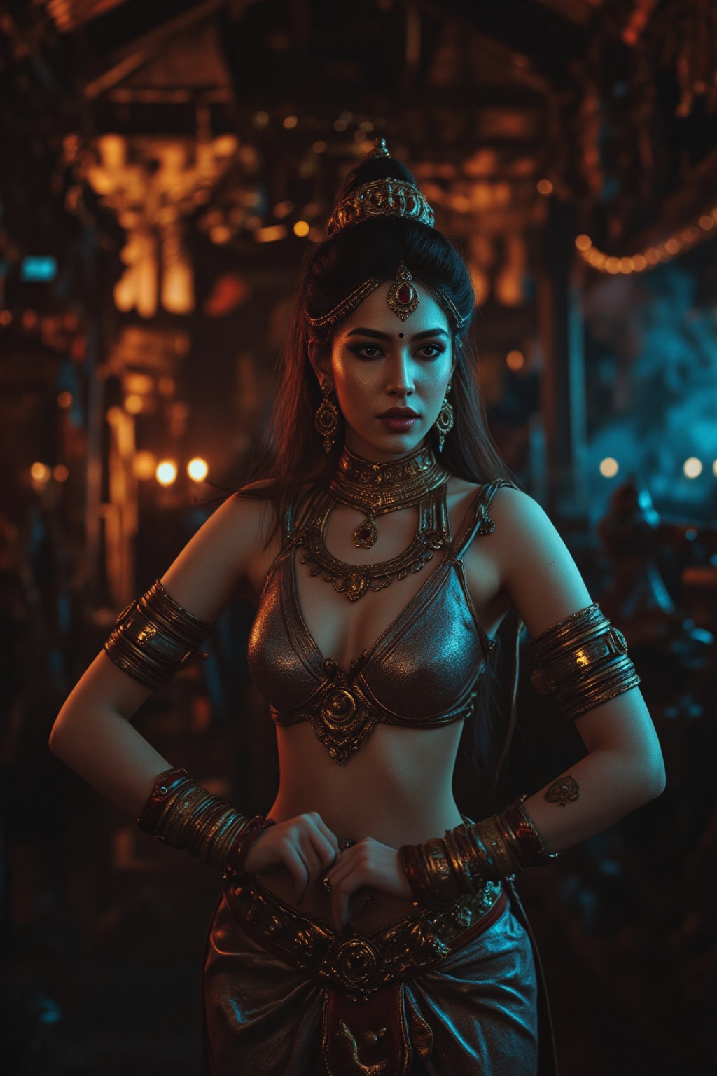 A realistic photographic portrayal of the Goddess of Kamasutra,  standing gracefully in an ancient temple,  . She is adorn...