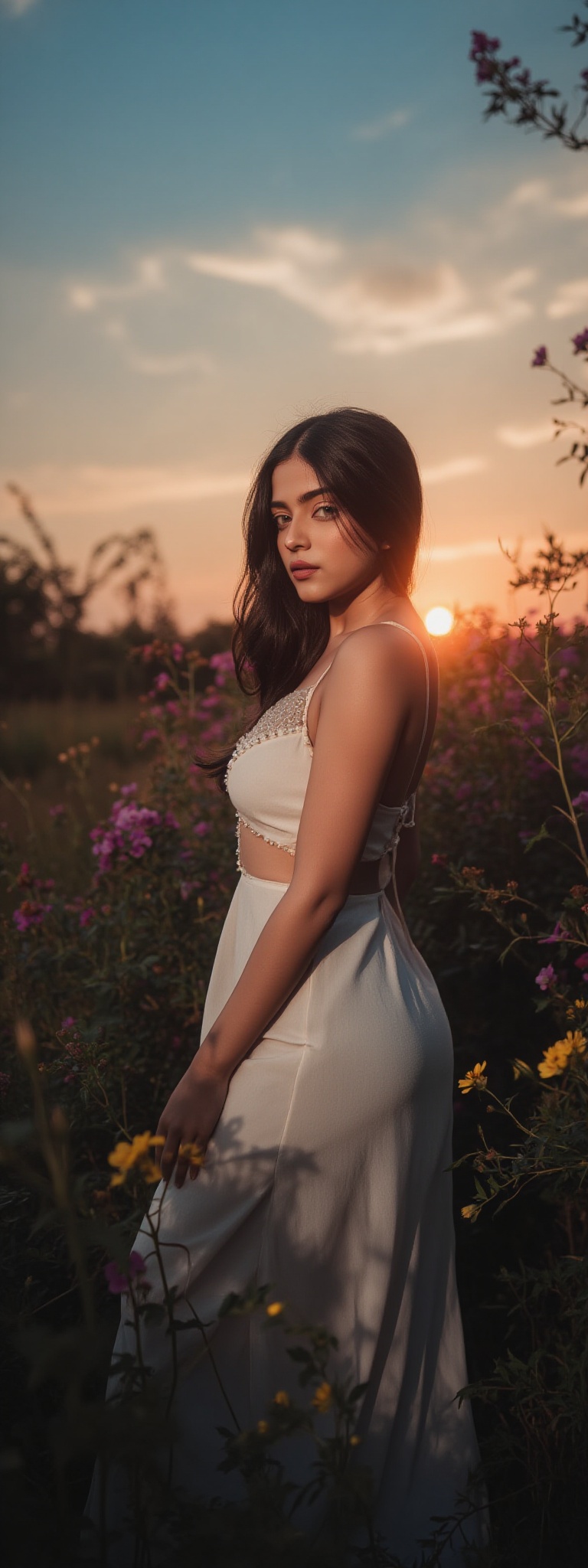 a woman with long dark hair,  wearing a white dress,  stands in a field of wildflowers. The woman's dress is adorned with...