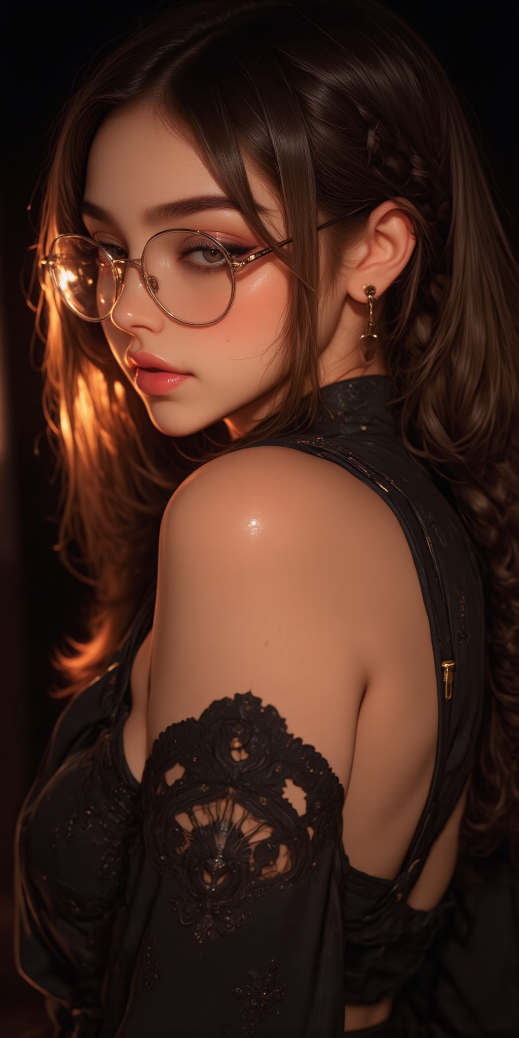 A captivating cinematic shot of a stunning 18-year-old beauty,  adorned with big eye glasses and a majestic twin tail pony...