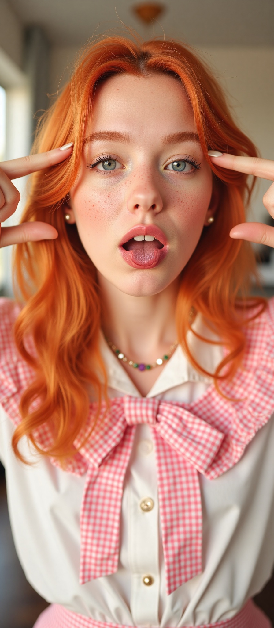 A realistic,  close-up portrait of a young woman with ,  styled naturally with loose strands framing her face. Her playful...