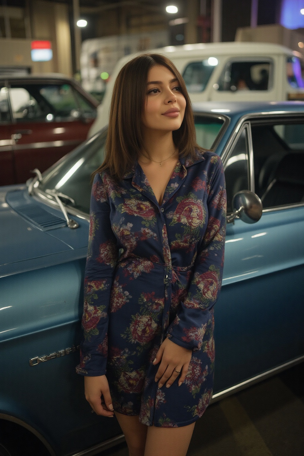 Create an image of a young woman standing in The old car is parked in the garage and there are many other old cars parked...