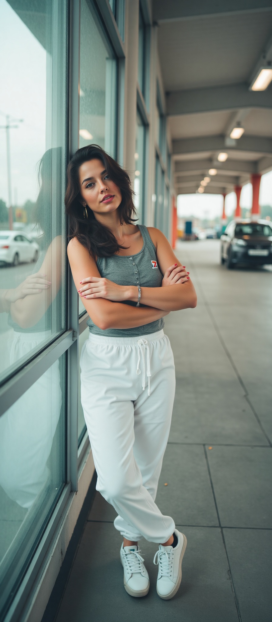 A young woman leans back against the window of a 7-Eleven store,  her grey tanktop and white sweatpants a striking combina...