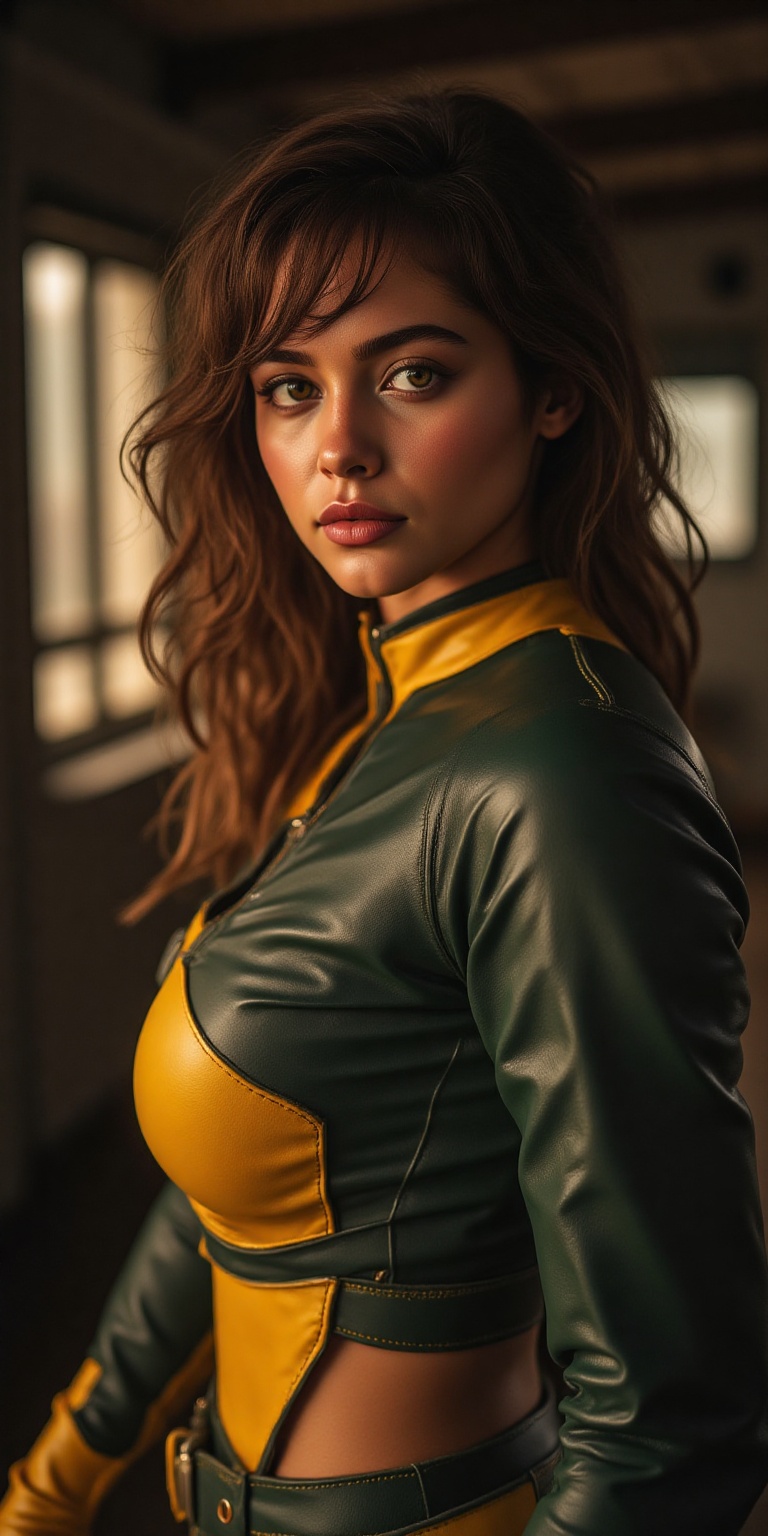 A stunning 8K masterpiece! Rogue,  the character from X-Men serie,  with flawed skin shines brightly under natural light P...