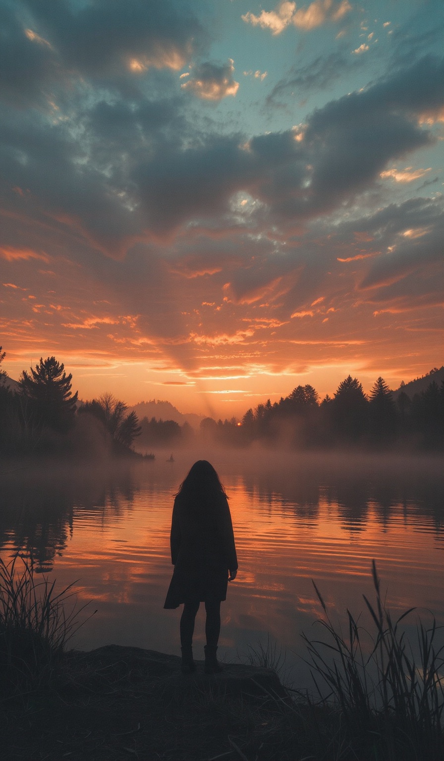 A sweeping cinematic landscape unfolds as a lone figure stands at the edge of a misty lake,  silhouetted against the fiery...