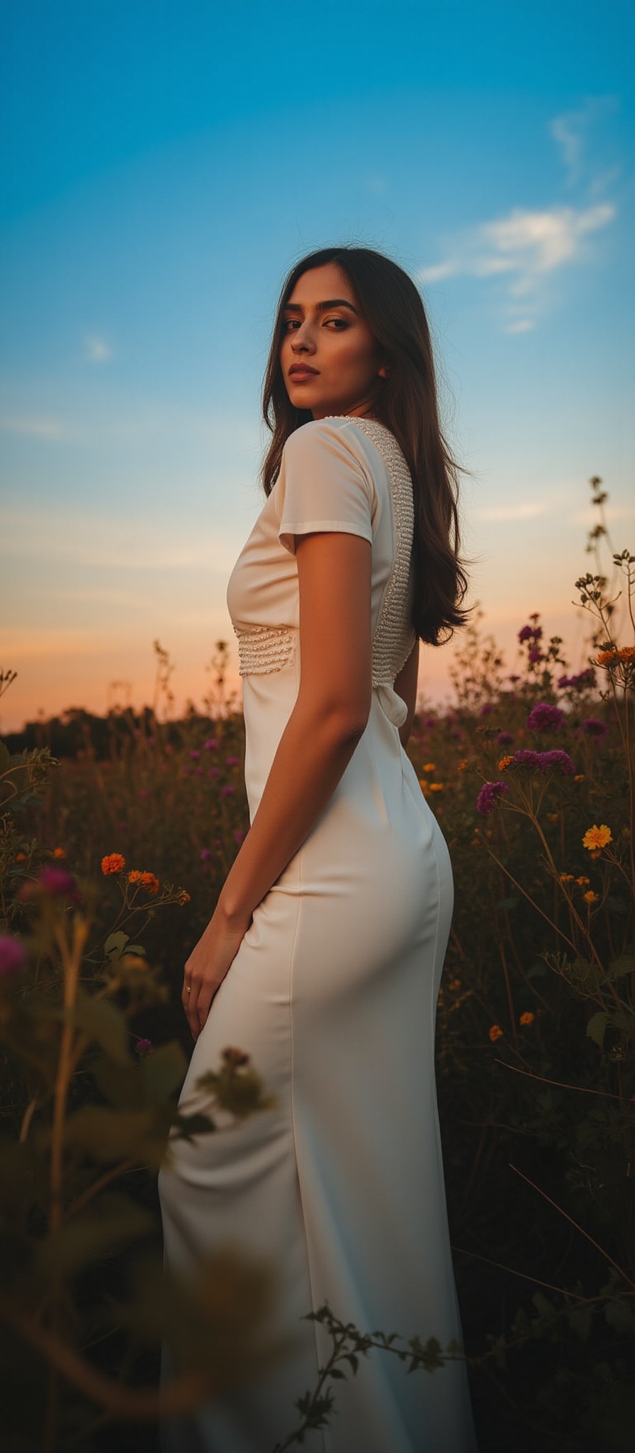 a woman with long dark hair,  wearing a white dress,  stands in a field of wildflowers. The woman's dress is adorned with...