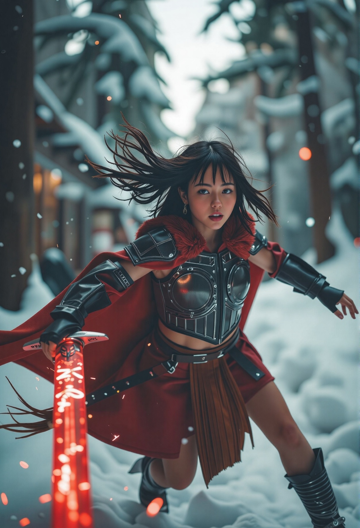 A fierce Indian warrior charges forward through a blustery,  snow-laden forest,  her battered black chrome armor gleaming...
