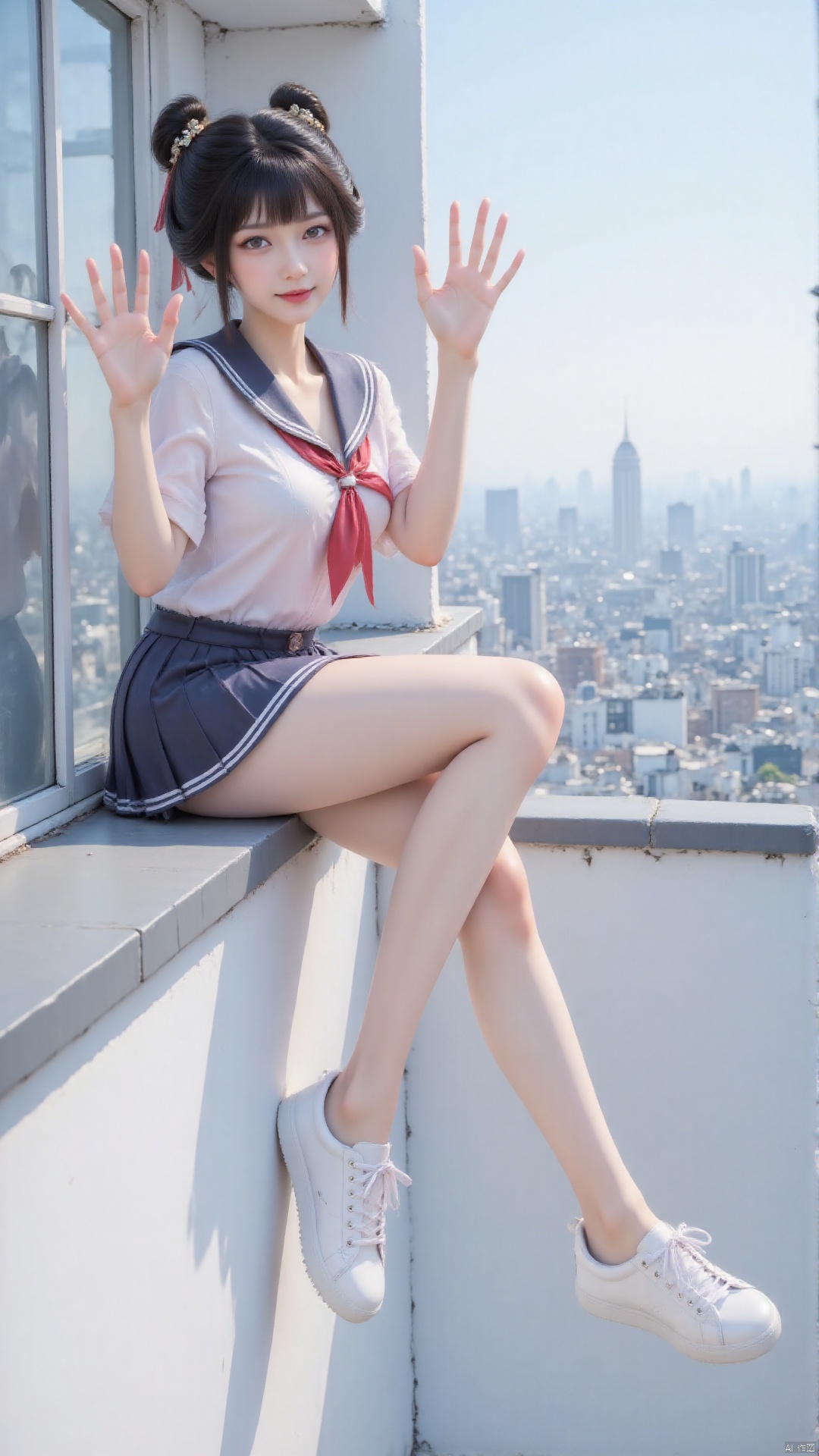 On a sunny roof, an Asian girl with black hair sat on the edge, her legs hanging to one side. Double bun, hair accessory. Liu Hai. She was wearing a sailor uniform, paired with a pleated skirt, revealing her thighs. She mischievously smiled and looked down at the camera, holding onto the windowsill with one hand and playfully waving with the other. The background is a panoramic view of the city skyline, adding the edge of the city to the scene. This photo was taken from a slightly lower angle, capturing her complete figure and white casual shoes. This posture captures her adventurous spirit and youthful vitality