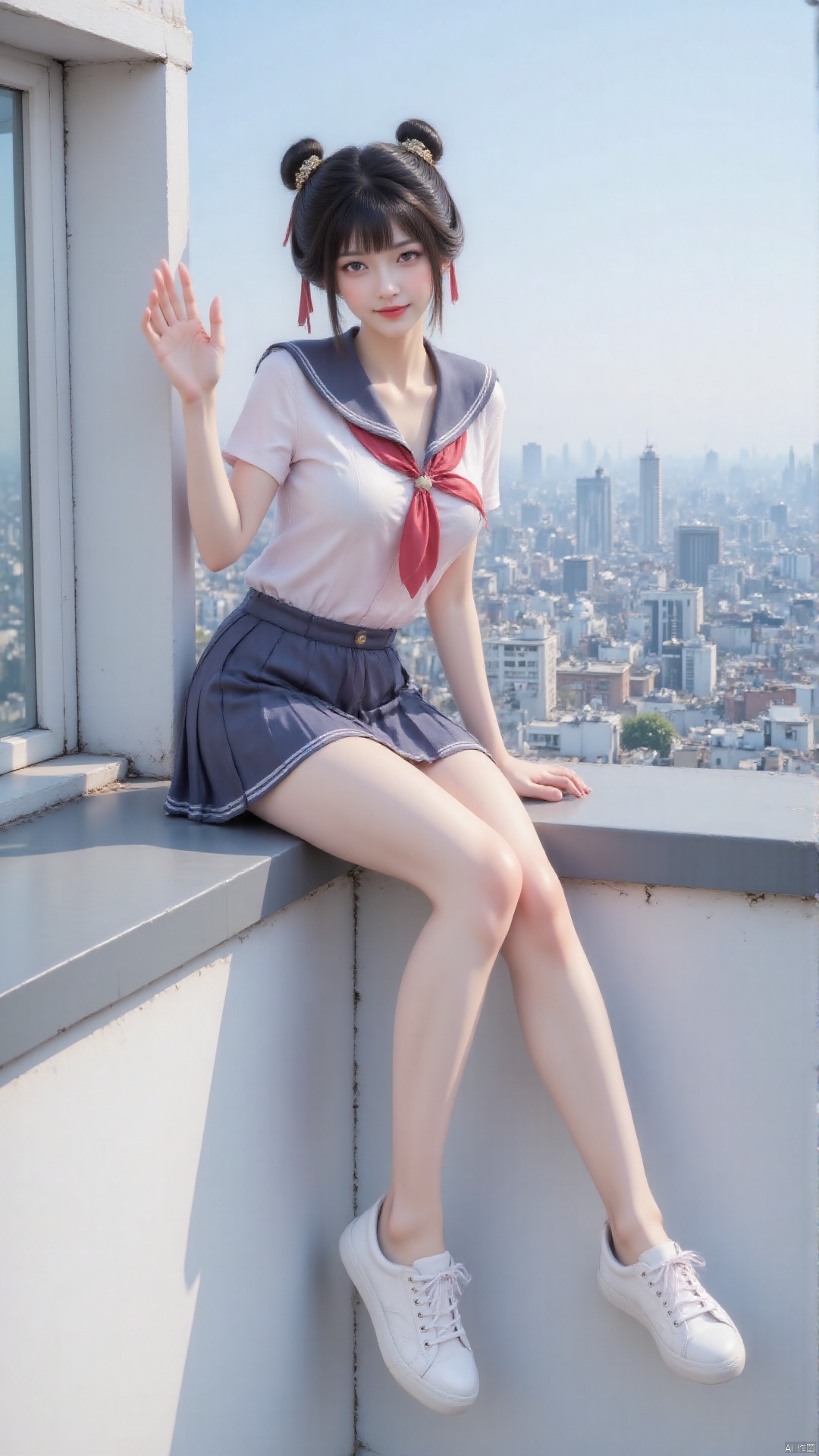 On a sunny roof, an Asian girl with black hair sat on the edge, her legs hanging to one side. Double bun, hair accessory. Liu Hai. She was wearing a sailor uniform, paired with a pleated skirt, revealing her thighs. She mischievously smiled and looked down at the camera, holding onto the windowsill with one hand and playfully waving with the other. The background is a panoramic view of the city skyline, adding the edge of the city to the scene. This photo was taken from a slightly lower angle, capturing her complete figure and white casual shoes. This posture captures her adventurous spirit and youthful vitality