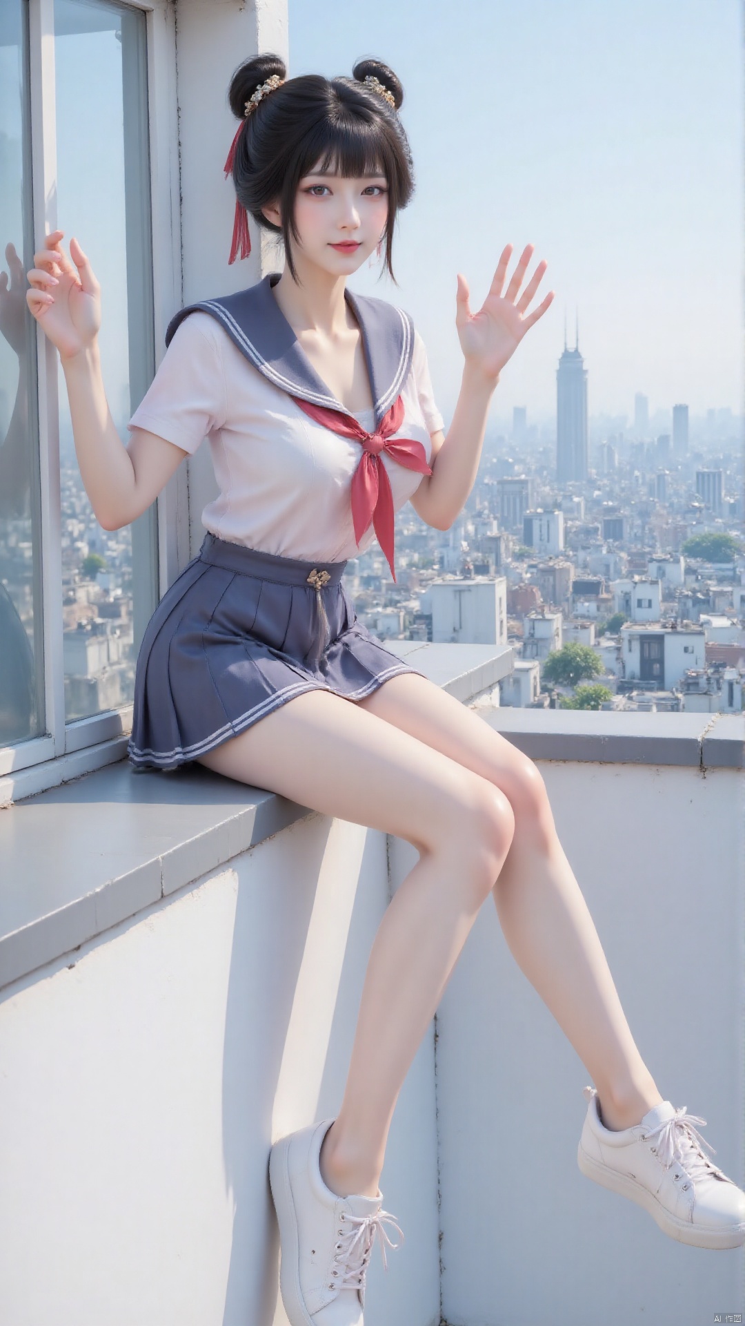 On a sunny roof, an Asian girl with black hair sat on the edge, her legs hanging to one side. Double bun, hair accessory. Liu Hai. She was wearing a sailor uniform, paired with a pleated skirt, revealing her thighs. She mischievously smiled and looked down at the camera, holding onto the windowsill with one hand and playfully waving with the other. The background is a panoramic view of the city skyline, adding the edge of the city to the scene. This photo was taken from a slightly lower angle, capturing her complete figure and white casual shoes. This posture captures her adventurous spirit and youthful vitality