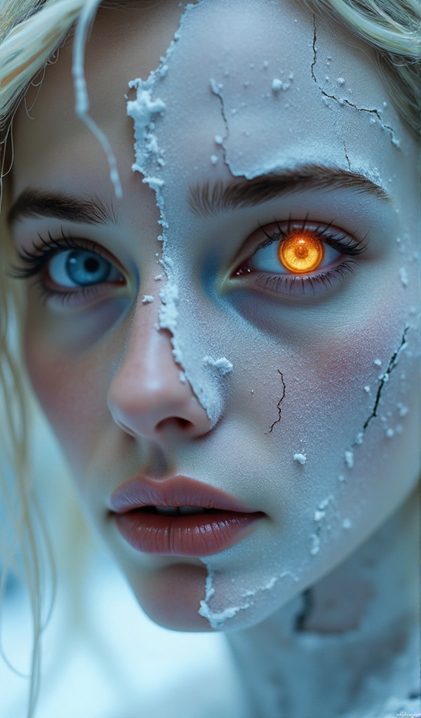 newfantasycore. The image is a photograph of a young woman with a striking,  otherworldly appearance. Her face is split do...