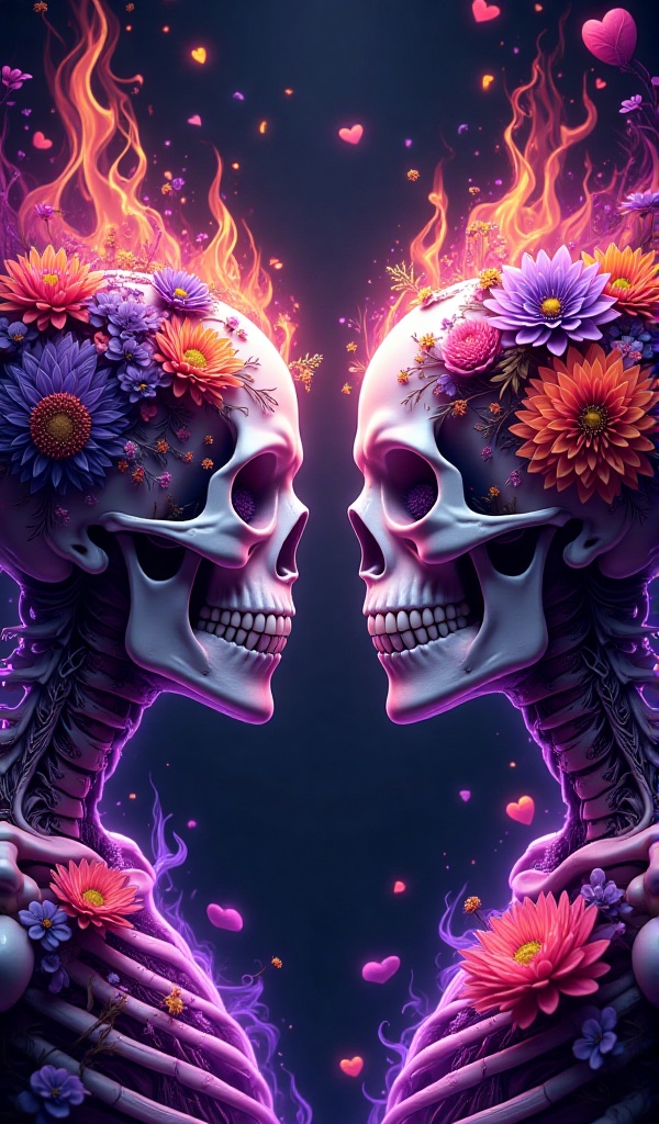 Two stylized skulls,  facing each other,  adorned with floral crowns of various color flowers (purple on Tensor.Art