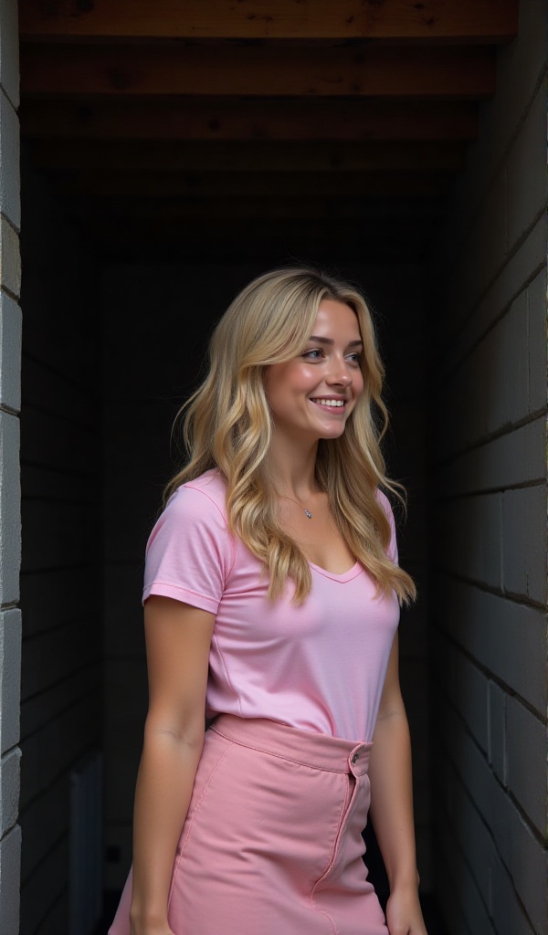 a woman with long blonde hair,  wearing a pink short-sleeved t-shirt and a pink skirt,  stands in a dimly lit room. The wo...