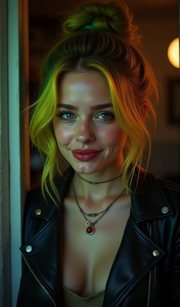 (close-up,  editorial photograph of a 23 year old woman withYellow and yellow-green gradient hair,  shoulder-length wavy h...