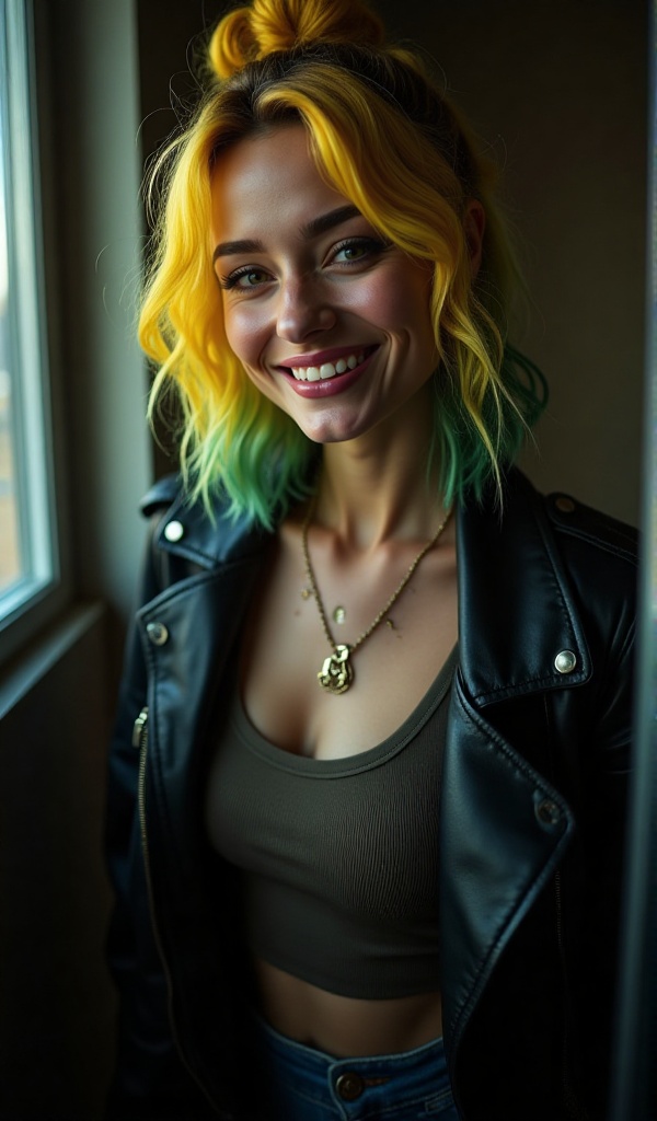 (close-up,  editorial photograph of a 23 year old woman withYellow and yellow-green gradient hair,  shoulder-length wavy h...