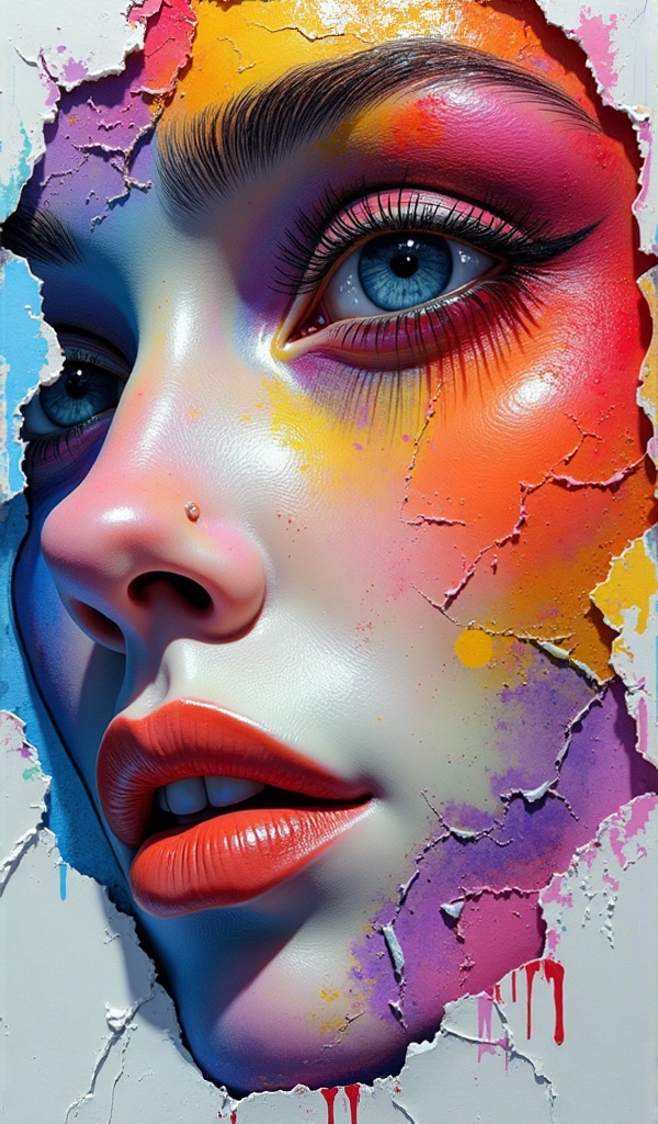 create an ArcaneFGTNR watercolour painting of a woman's face,  made up of Layered Paper with cracked peeled paint. bright...
