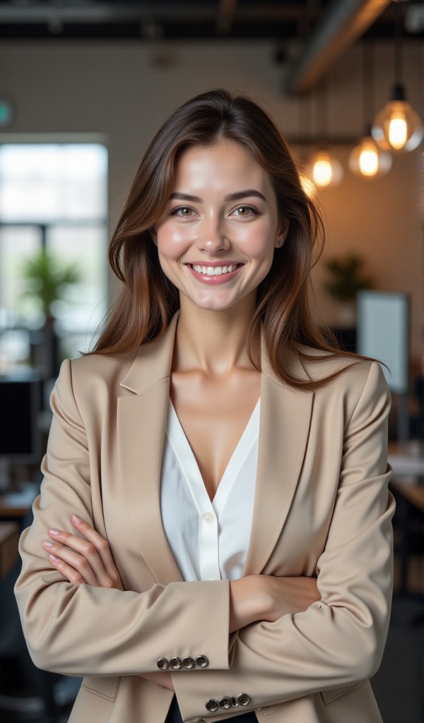 In a beautifully lit office environment,  a young woman stands confidently with her arms crossed,  wearing a fashionable b...