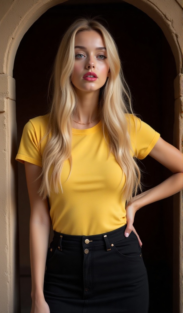 a woman with long blonde hair,  wearing a yellow short-sleeved t-shirt and a black skirt with a black belt. She is standin...