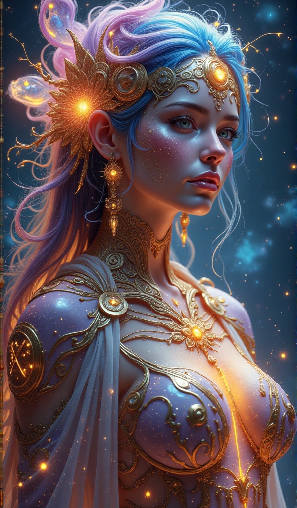 Gorgeous Galactic,  A hyper-realistic portrait of a galactic female with glowing skin that shimmers with the colors of the...