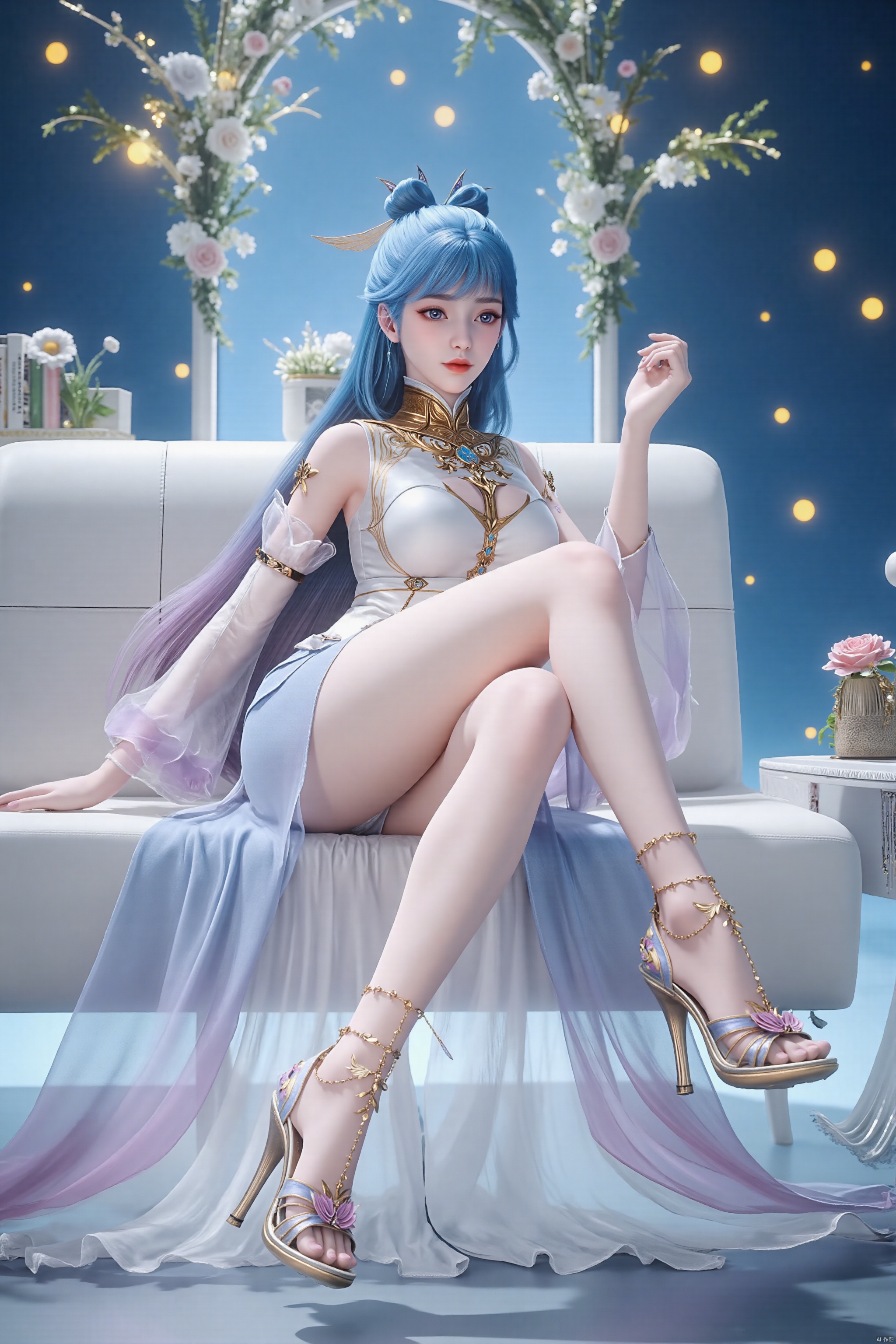 A serene 8K photo of a girl (GG) Lazily is sitting on top of a white couch. There are books on a shelf to the left of the woman. Part of a tree can be seen outside of the window. long hair, hair ornament, full body, flower, high heels, legs, bare legs, spread legs,cross legs. 
a cartoon girl with long blue hair and a blue bow on her head. She is wearing a white dress with gold embroidery on the shoulders and a gold necklace around her neck. Her left arm is draped in a light pink hue, adding a touch of color to the scene. The background is a deep blue, with a cluster of yellow and white dots dotting the sky.
stting together on the glass floor of an arch with flowers,Wearing sandals. The sandal is adorned with a multi-colored floral pattern, adorned with gold chains and a gold chain. The heel is a vibrant shade of brown, adding a pop of color to the scene.
The girl tore open her clothes, revealing her cleavage,bare_shoulders,high-heeled shoes.full body,bare legs, bare shoulders, big ass,Glowing body.Thick thighs,long legs, bare legs, surrounded by ice, makeup, eye shadow, red lips, xxe-hd,yy-hd,wde-hd,Light master