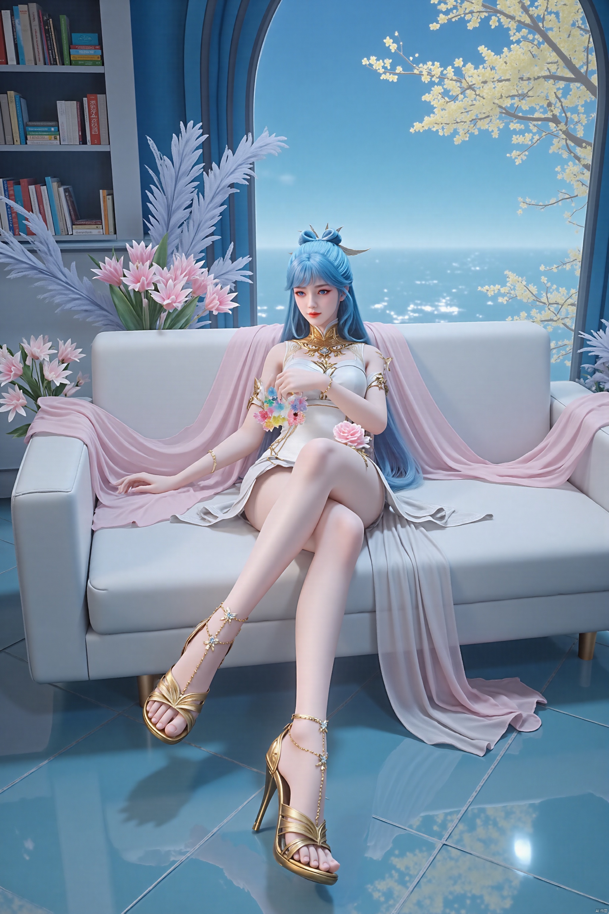A serene 8K photo of a girl (GG) Lazily is sitting on top of a white couch. There are books on a shelf to the left of the woman. Part of a tree can be seen outside of the window. long hair, hair ornament, full body, flower, high heels, legs, bare legs, spread legs,cross legs. 
a cartoon girl with long blue hair and a blue bow on her head. She is wearing a white dress with gold embroidery on the shoulders and a gold necklace around her neck. Her left arm is draped in a light pink hue, adding a touch of color to the scene. The background is a deep blue, with a cluster of yellow and white dots dotting the sky.
stting together on the glass floor of an arch with flowers,Wearing sandals. The sandal is adorned with a multi-colored floral pattern, adorned with gold chains and a gold chain. The heel is a vibrant shade of brown, adding a pop of color to the scene.
The girl tore open her clothes, revealing her cleavage,bare_shoulders,high-heeled shoes.full body,bare legs, bare shoulders, big ass,Glowing body.Thick thighs,long legs, bare legs, surrounded by ice, makeup, eye shadow, red lips, xxe-hd,yy-hd,wde-hd,Light master