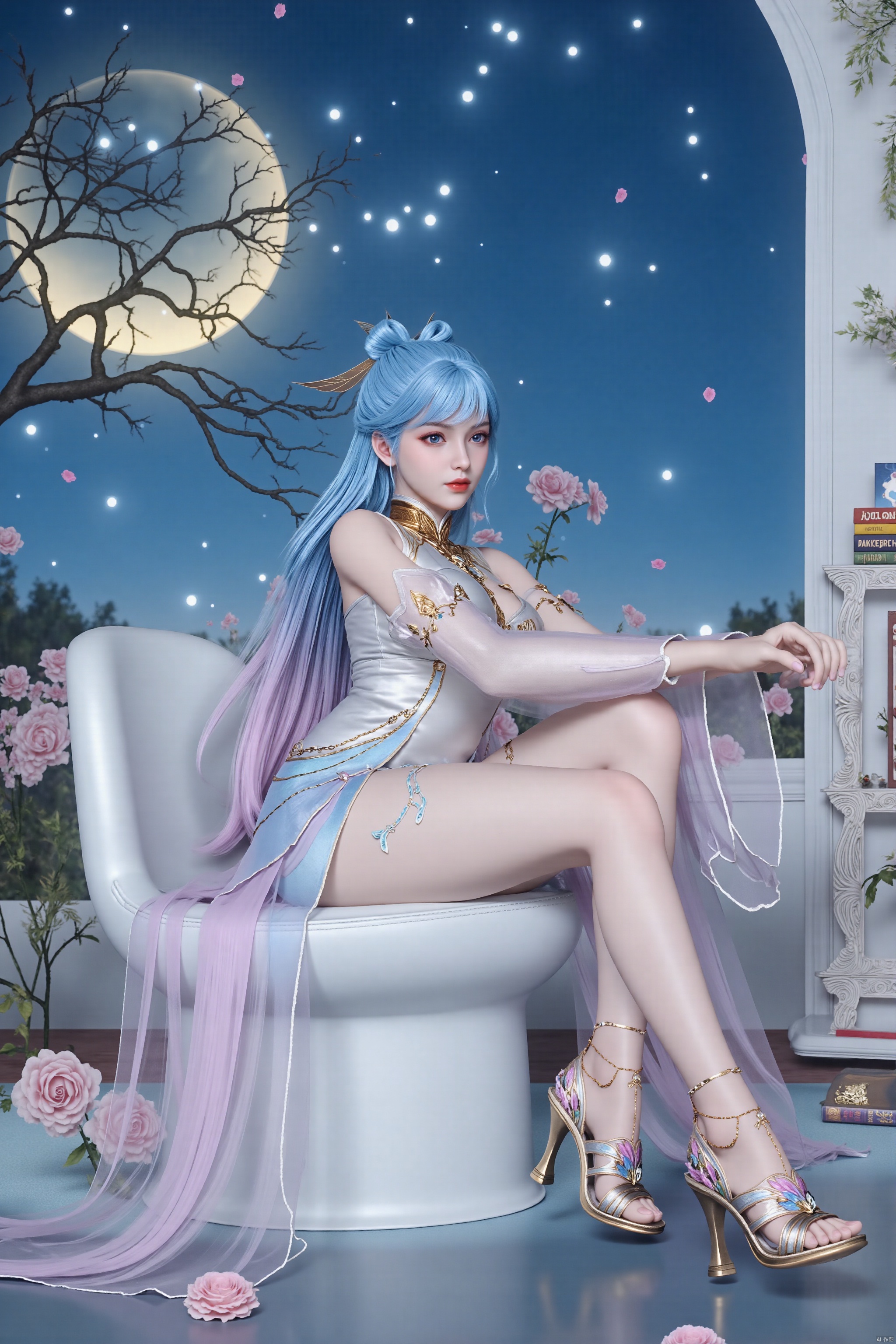 A serene 8K photo of a girl (GG) Lazily is sitting on top of a white couch. There are books on a shelf to the left of the woman. Part of a tree can be seen outside of the window. long hair, hair ornament, full body, flower, high heels, legs, bare legs, spread legs,cross legs. 
a cartoon girl with long blue hair and a blue bow on her head. She is wearing a white dress with gold embroidery on the shoulders and a gold necklace around her neck. Her left arm is draped in a light pink hue, adding a touch of color to the scene. The background is a deep blue, with a cluster of yellow and white dots dotting the sky.
stting together on the glass floor of an arch with flowers,Wearing sandals. The sandal is adorned with a multi-colored floral pattern, adorned with gold chains and a gold chain. The heel is a vibrant shade of brown, adding a pop of color to the scene.
The girl tore open her clothes, revealing her cleavage,bare_shoulders,high-heeled shoes.full body,bare legs, bare shoulders, big ass,Glowing body.Thick thighs,long legs, bare legs, surrounded by ice, makeup, eye shadow, red lips, xxe-hd,yy-hd,wde-hd,Light master