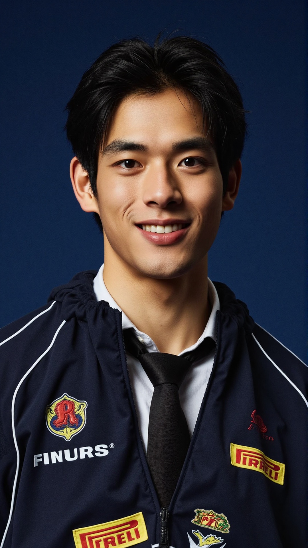 A portrait of a charismatic young man with sleek,  dark hair styled naturally,  exuding charm and confidence. He is wearin...