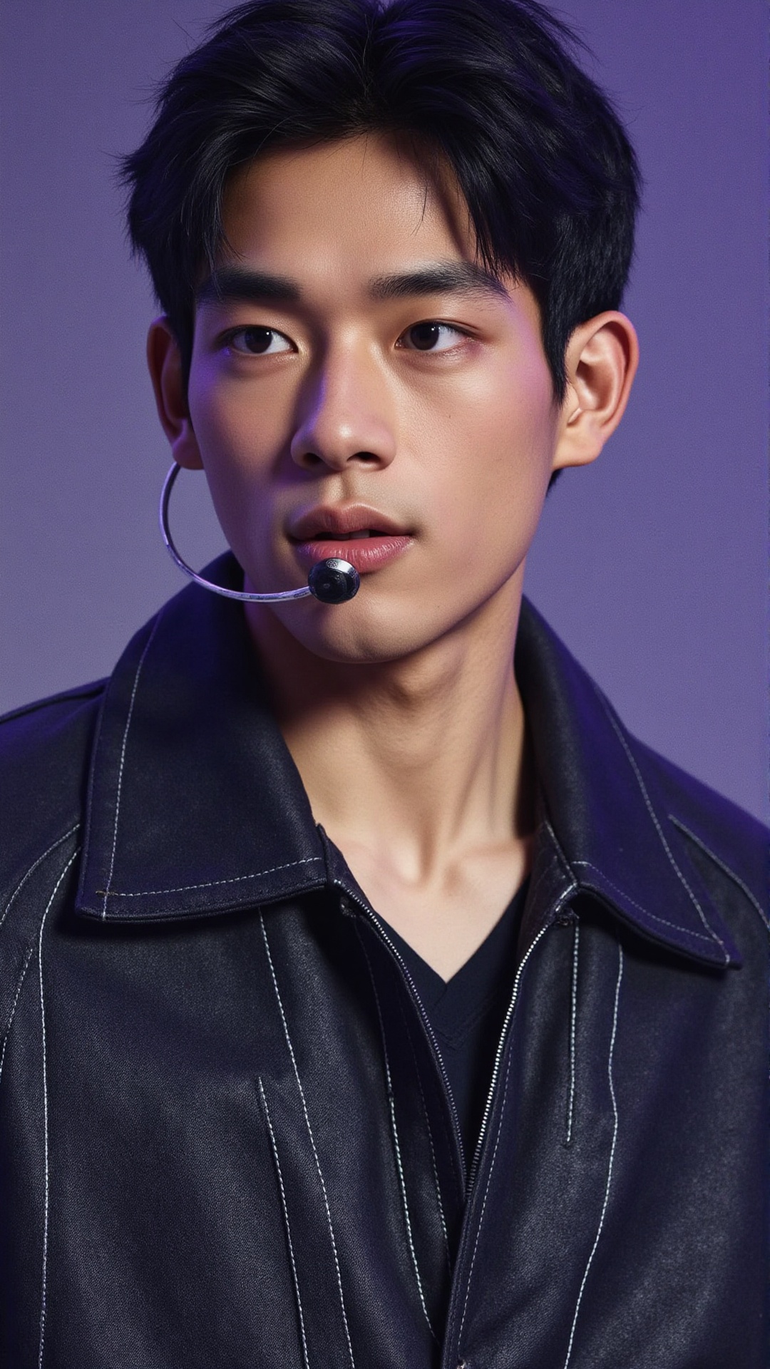 A captivating portrait of a young K-pop idol performing on stage. He exudes confidence and charisma,  with sleek,  neatly...
