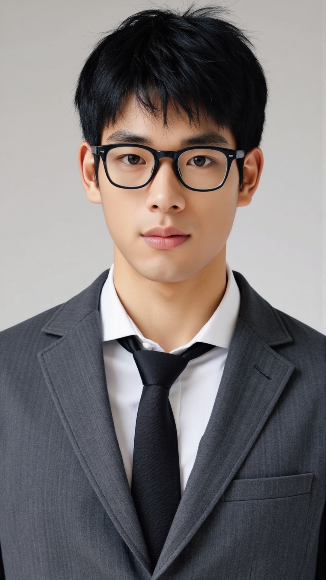 A portrait of a handsome young man with a youthful,  intelligent demeanor. He has neatly styled dark hair with a slight cu...
