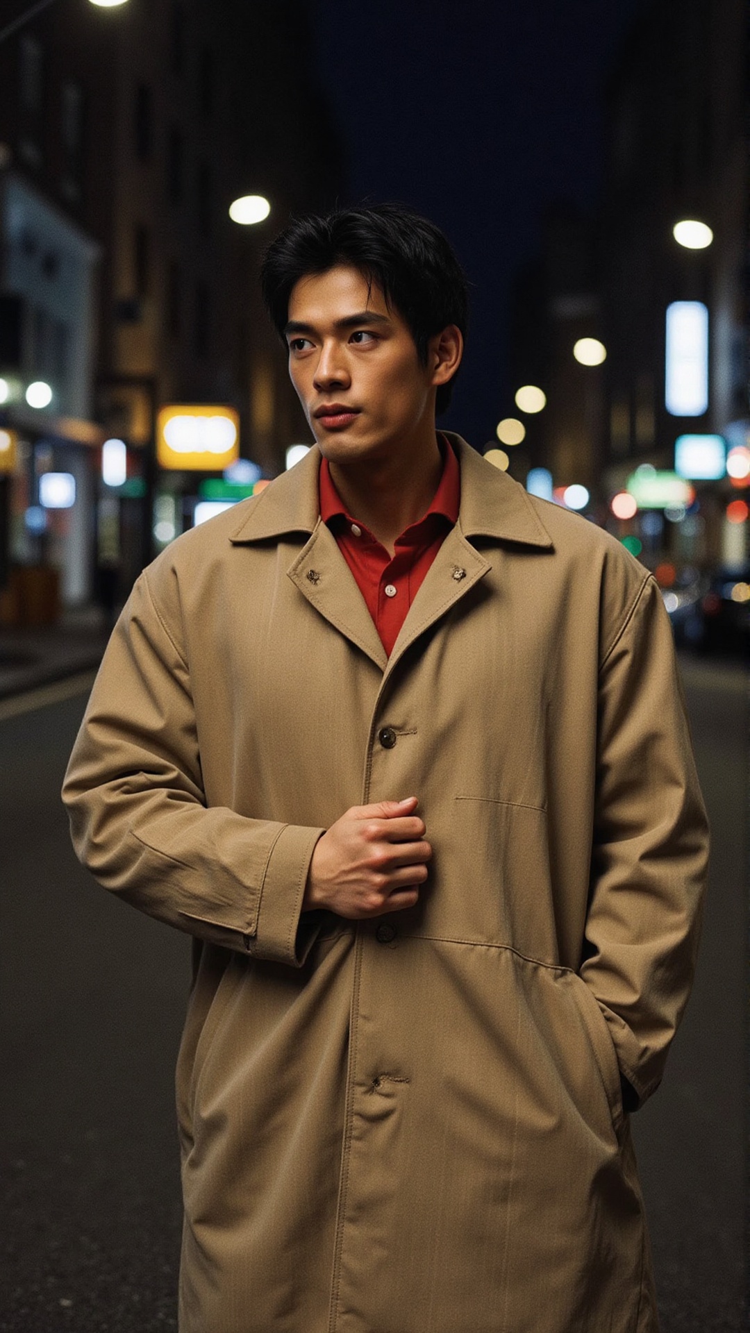 Create a photorealistic image of a male model in a 90s-style fashion ad,  wearing a beige trench coat over a red shirt. He...