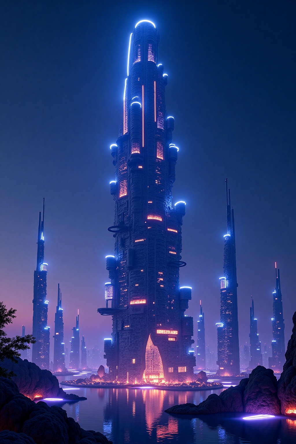 design a low angle shot of a futuristic skyscapper building at futuristic city at midnight. Adv.phongshading on Tensor.Art