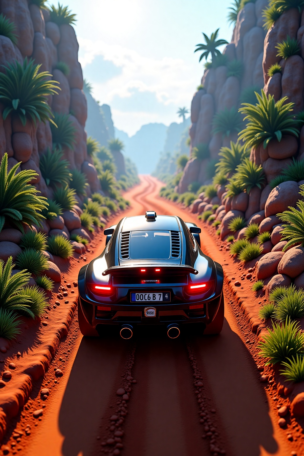 A rally car driff at dirt jungle mountain. Advanced Phong shading,  Smooth specular highlights,  Per-pixel lighting on Ten...