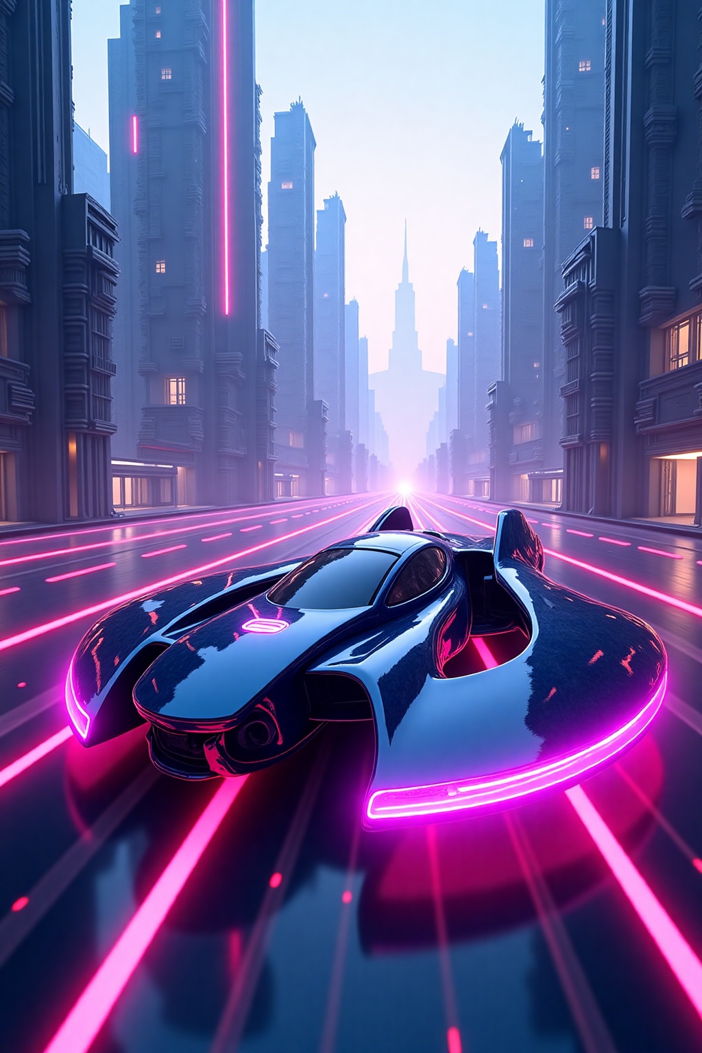 Design a futuristic car race soaring through futuristic city. Adv.phongshading on Tensor.Art