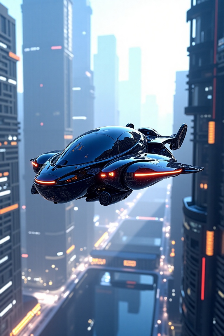 Design a futuristic vehicle soaring through futuristic city.,  Adv.phongshading on Tensor.Art