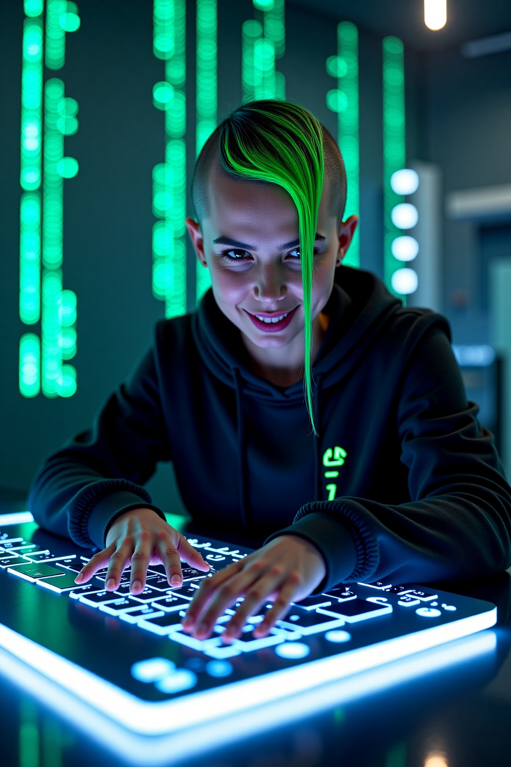 hacker with a shaved head and vibrant green streaks dyed into her remaining hair. Her fingers fly across a holographic key...