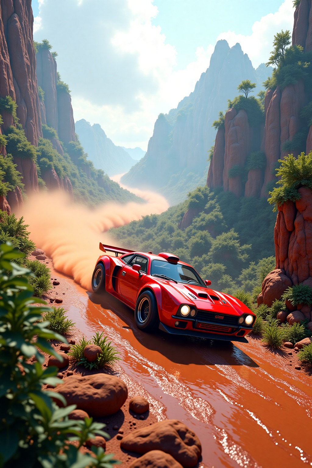 A rally car driff at dirt jungle mountain. Adv.phongshading on Tensor.Art