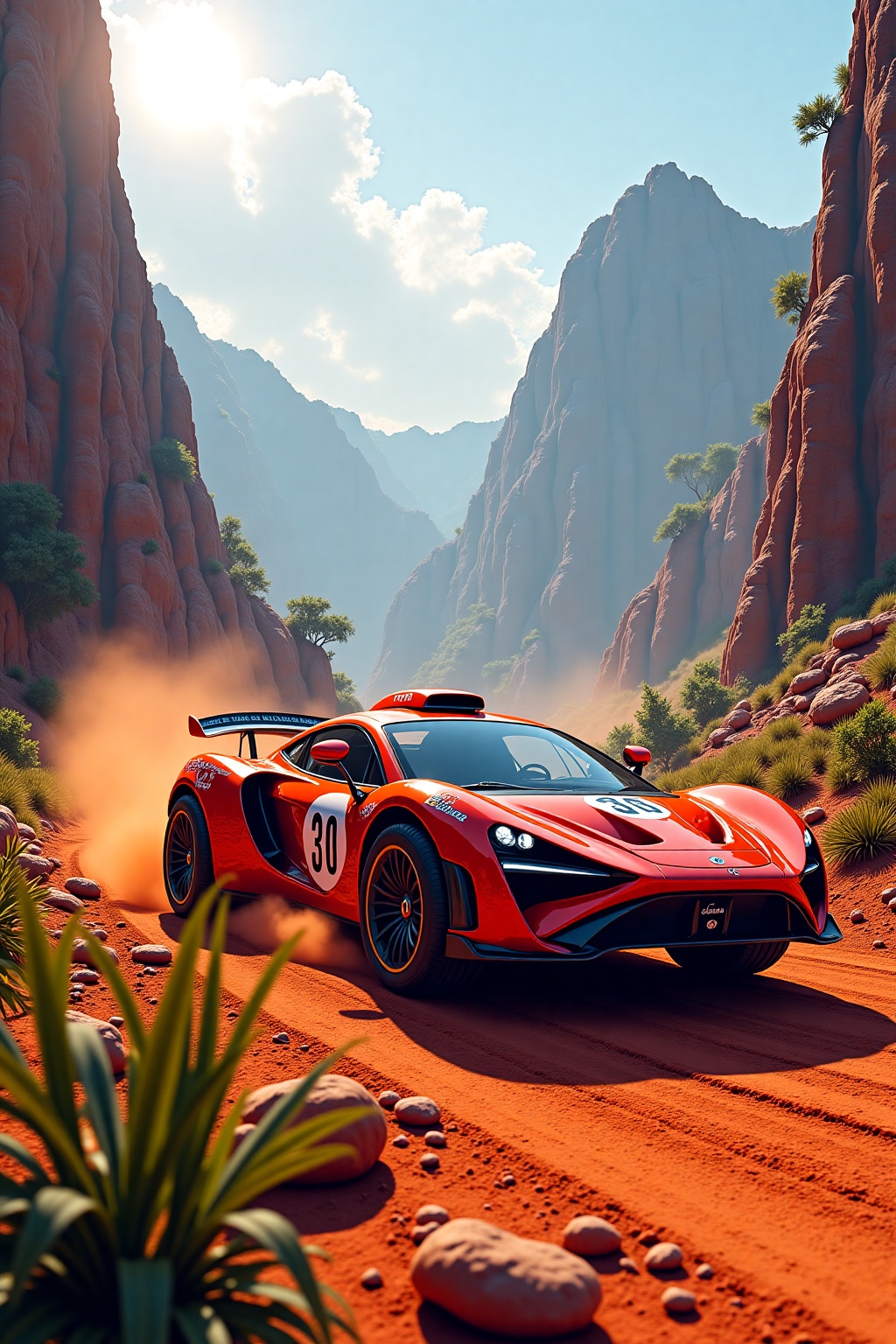 A rally car driff at dirt jungle mountain. Adv.phongshading on Tensor.Art