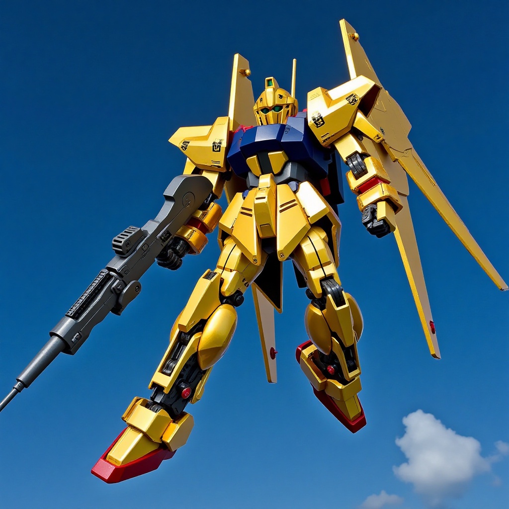 A gleaming gold robot's metallic body,  revealing a sleek silver gun,  before soaring into the air on Tensor.Art