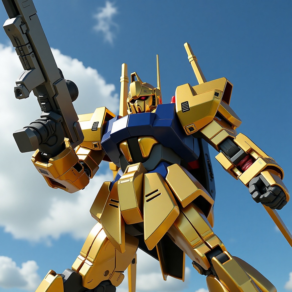 A close-up shot of a gleaming gold robot's metallic face as it raises its arm,  revealing a sleek silver gun,  before soar...