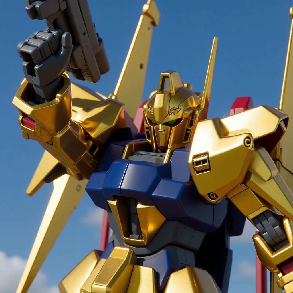 A close-up shot of a gleaming gold robot's metallic face as it raises its arm,  revealing a sleek silver gun,  before soar...