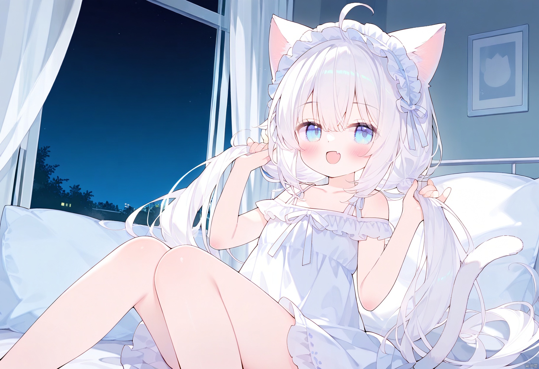 chen_bin,tsubasa_tsubasa,1girl, solo, long hair, looking at viewer, blush, smile, open mouth, bangs, blue eyes, dress, animal ears, hair between eyes, bare shoulders, twintails, sitting, very long hair, collarbone, tail, ahoge, white hair, :d, hairband, frills, sky, fang, indoors, cat ears, off shoulder, white dress, cat tail, animal ear fluff, pillow, hands up, window, bed, night, sleeveless dress, feet out of frame, low twintails, on bed, frilled dress, cat girl, curtains, night sky, holding hair, frilled hairband


