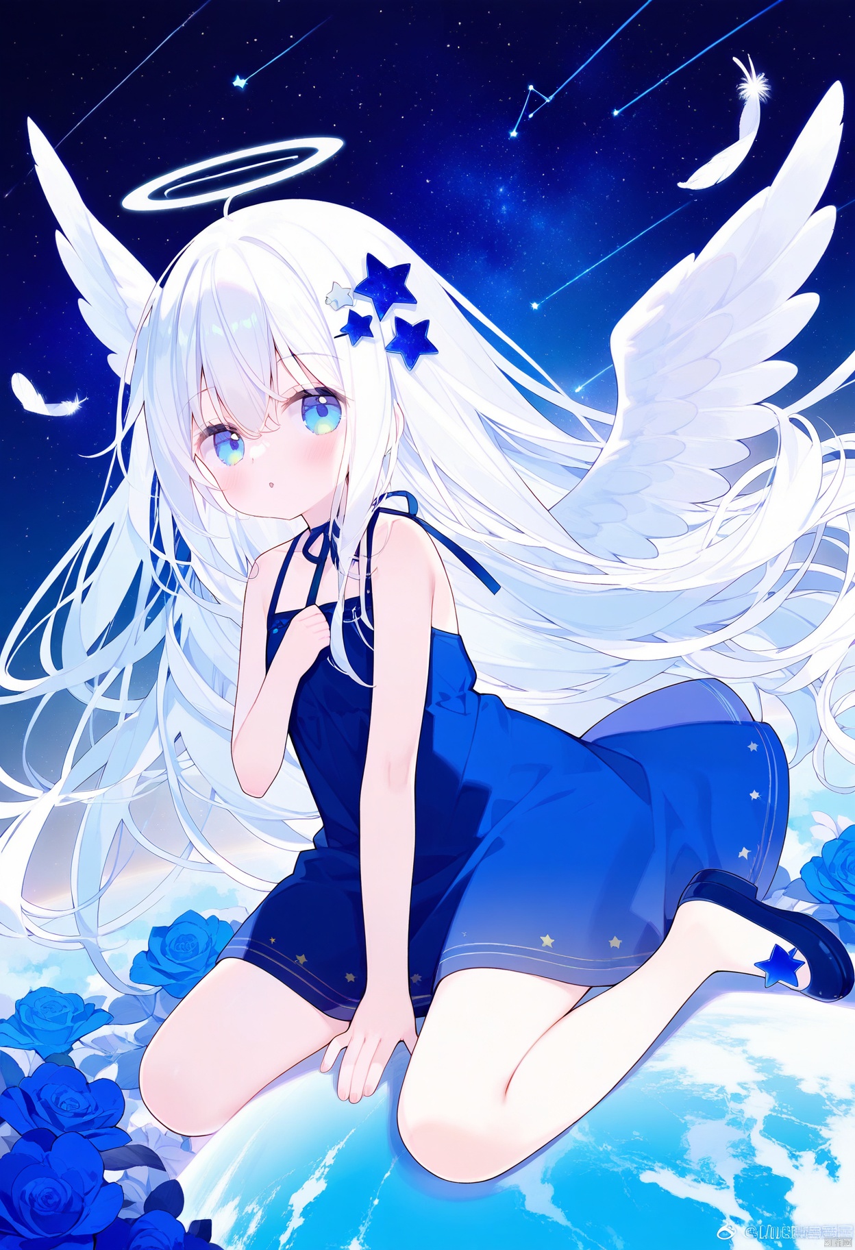 chen_bin,tsubasa_tsubasa,english text,watermark,1girl, angel, angel_wings, blue_eyes, blue_flower, constellation, crescent, cross, dress, feathered_wings, flower, hair_between_eyes, hair_ornament, halo, long_hair, looking_at_viewer, planet, solo, star_\(sky\), star_\(symbol\), star_hair_ornament, star_print, starfish, starry_background, starry_sky, very_long_hair, white_feathers, white_hair, white_wings, wings
