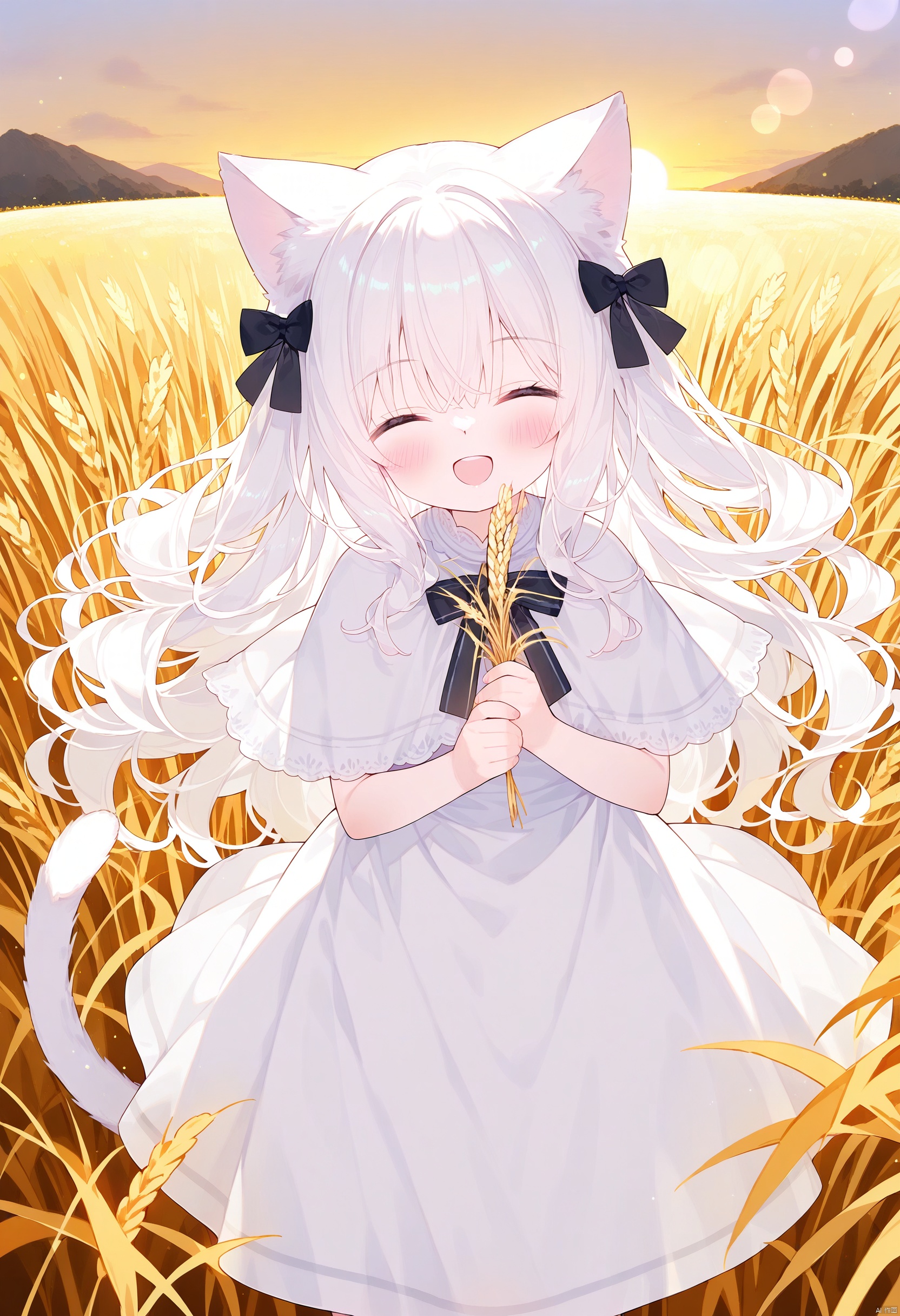chen_bin,tsubasa_tsubasa,from above, 1girl, loli, (solo), catgirl, cat ears, white hair, cat tail, closed eyes, (smile), open mouth, skirt, white dress, white capelet, long hair, wavy hair, fluffy hair, bow, black bow, blush, capelet, lace trim, sunset, long dress, dusk, scenery, gold sky, high place, horizon, wheat field, wheat ears, wind, wind blow, looking at viewer, (depth of field), bokeh, holding a  wheat ears, holding, tail, outdoors, feet out of frame, animal ears, ^ ^