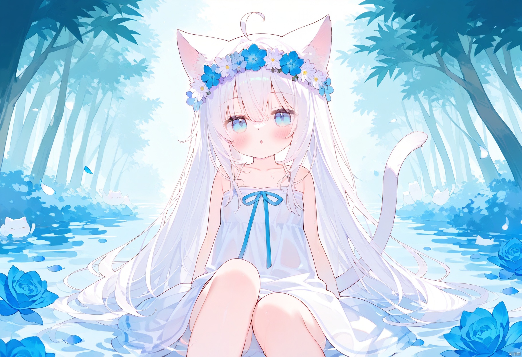 chen_bin,tsubasa_tsubasa,1girl, solo, long hair, looking at viewer, blush, bangs, blue eyes, hair ornament, dress, ribbon, animal ears, hair between eyes, bare shoulders, sitting, very long hair, collarbone, tail, flower, ahoge, white hair, outdoors, parted lips, sleeveless, day, cat ears, hair flower, water, white dress, :o, tree, wet, cat tail, animal ear fluff, bare arms, petals, sleeveless dress, feet out of frame, white flower, blue ribbon, cat girl, blue flower, head wreath, tail raised, flower wreath, shallow water
