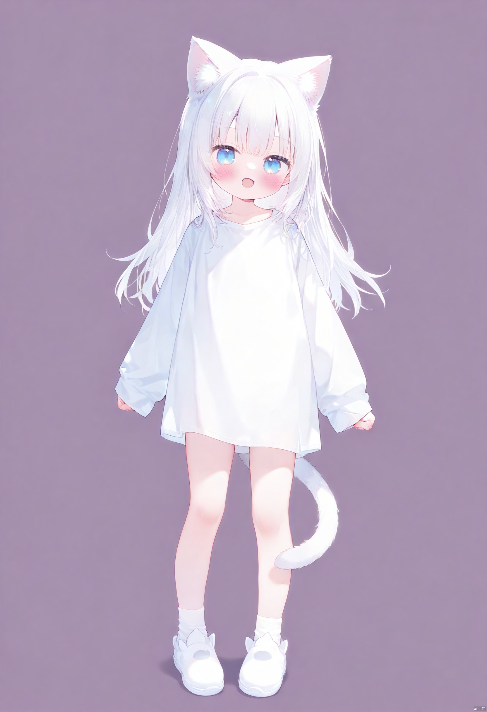 chen_bin,tsubasa_tsubasa,1girl, animal ears, tail, blue eyes, cat ears, solo, white hair, cat tail, cat girl, smile, full body, white footwear, long hair, looking at viewer, long sleeves, open mouth, bangs, shoes, cat shoes, :d, oversized shirt, blush, simple background, standing, animal ear fluff, cat pattern