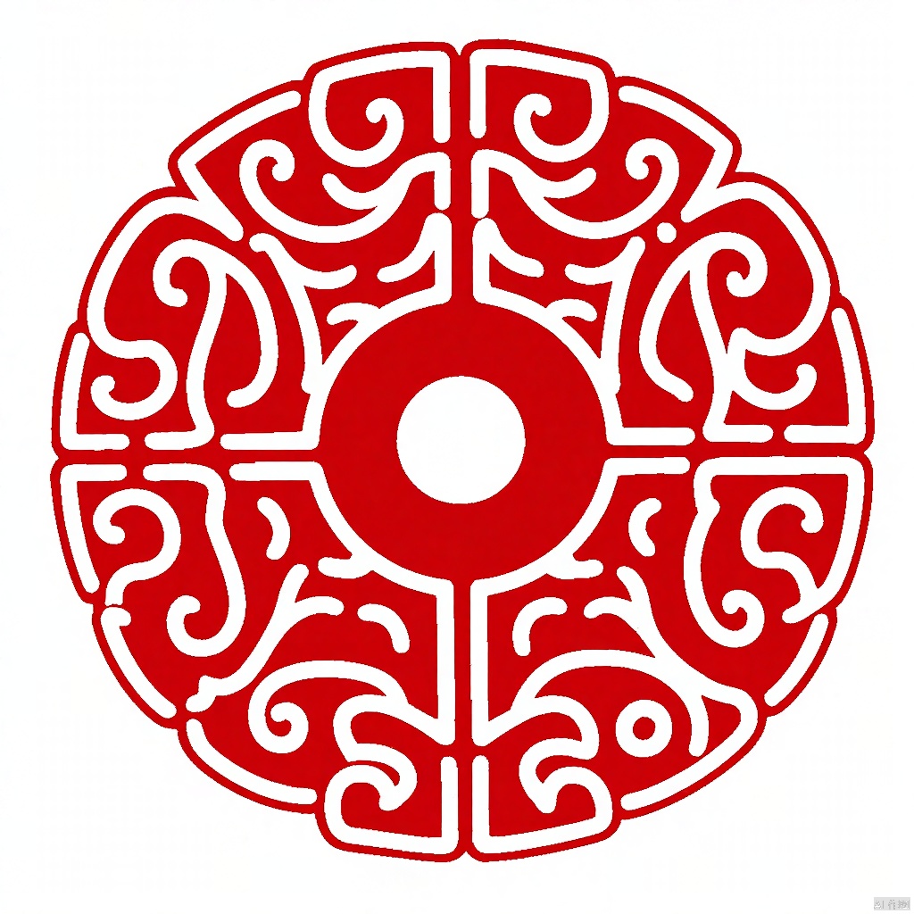 An eye-level view of a red and white circular design on a white background. The design features a circular white circle in the center of the design. The circle is surrounded by a series of red swirls. The swirls are outlined in white, creating a intricate pattern. The background is a solid white, adding a pop of color to the image.
