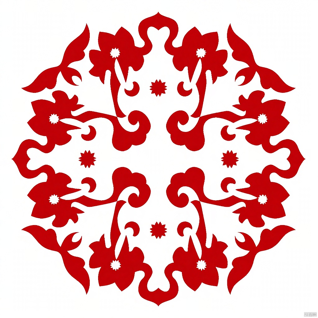 a vibrant red and white floral design is depicted against a stark white backdrop. The design is composed of a cluster of red leaves, each with a distinct white flower in the center. The leaves are arranged in a symmetrical pattern, with the stems of the leaves pointing to the left and right. The flowers are centered in the middle of the frame, with their petals facing the same direction, adding a pop of color to the composition.An eye-level view design,Traditional Chinese Pattern Design
