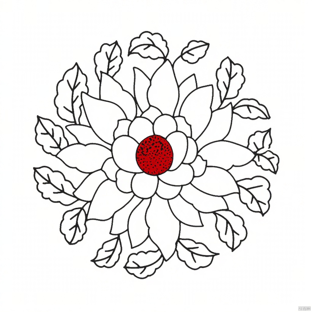 An eye-level drawing of a white flower with a red center. The flower is in the center of the image and is surrounded by a circular design of leaves and branches. The background is a solid white color.