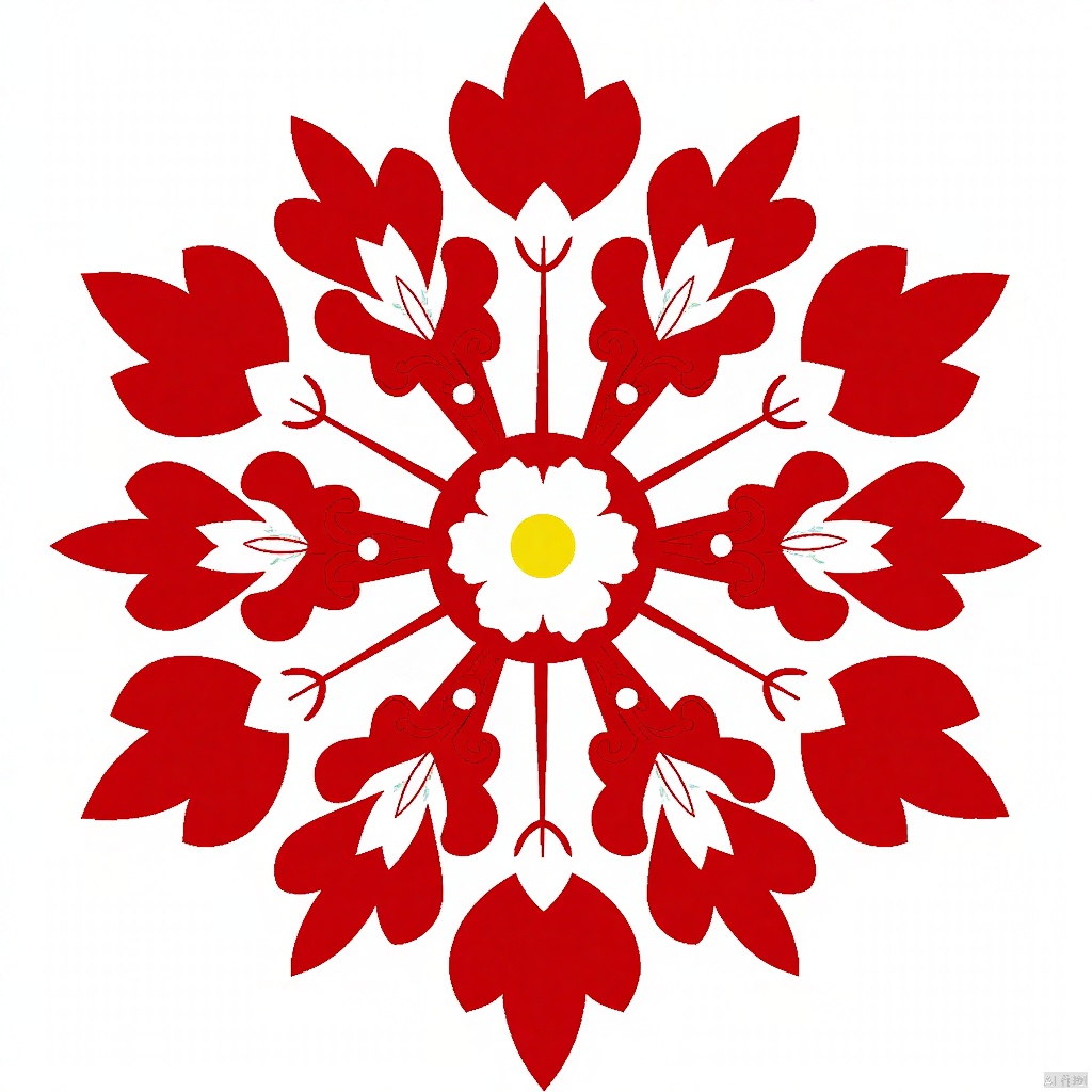a vibrant red and white floral design is depicted against a stark white backdrop. The design is composed of a cluster of red leaves, each with a distinct white flower in the center. The leaves are arranged in a symmetrical pattern, with the stems of the leaves pointing to the left and right. The flowers are centered in the middle of the frame, with their petals facing the same direction, adding a pop of color to the composition.