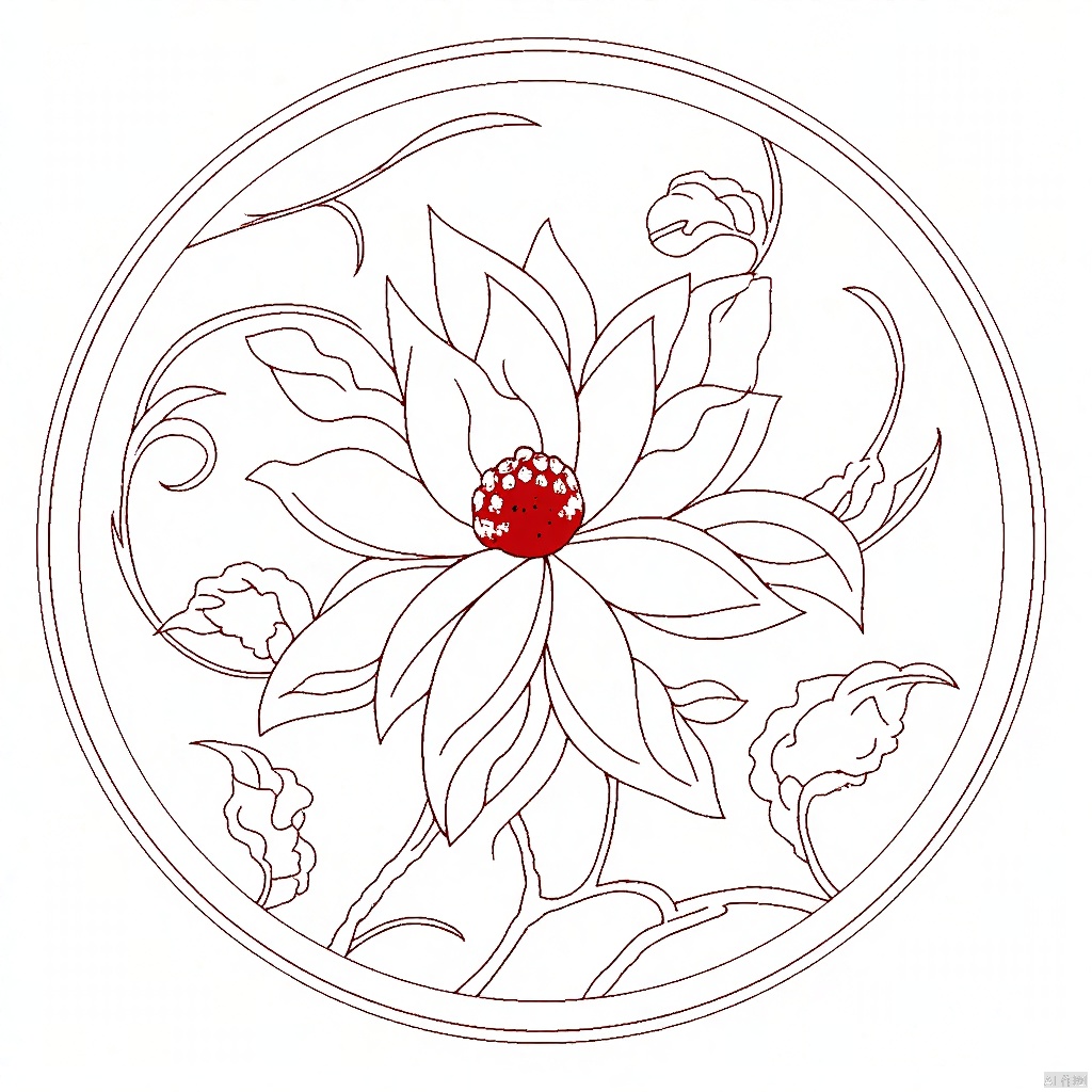 An eye-level drawing of a white flower with a red center. The flower is in the center of the image and is surrounded by a circular design of leaves and branches. The background is a solid white color.An eye-level view design,Traditional Chinese Pattern Design