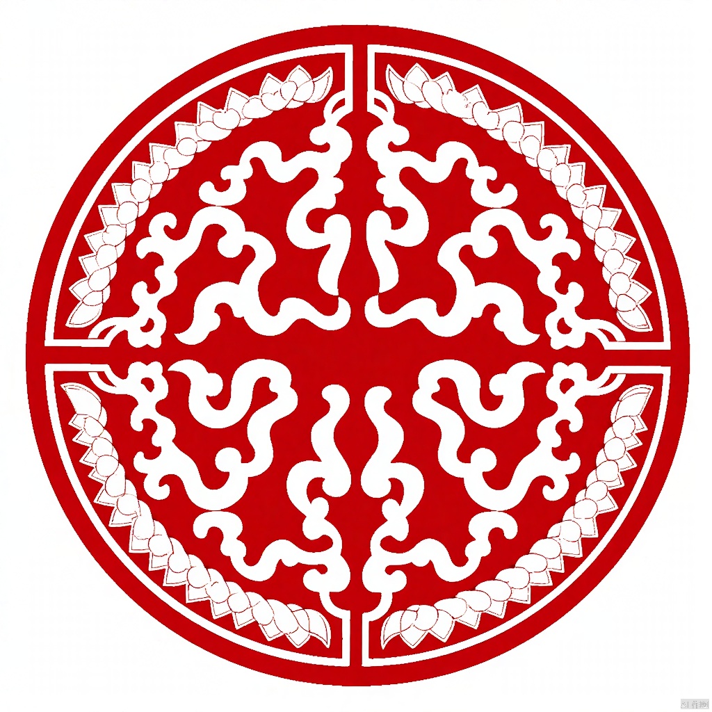 An eye-level drawing of a red and white circular emblem. The emblem has a white border with intricate swirls. The background of the emblem is a solid white color.An eye-level view design,Traditional Chinese Pattern Design